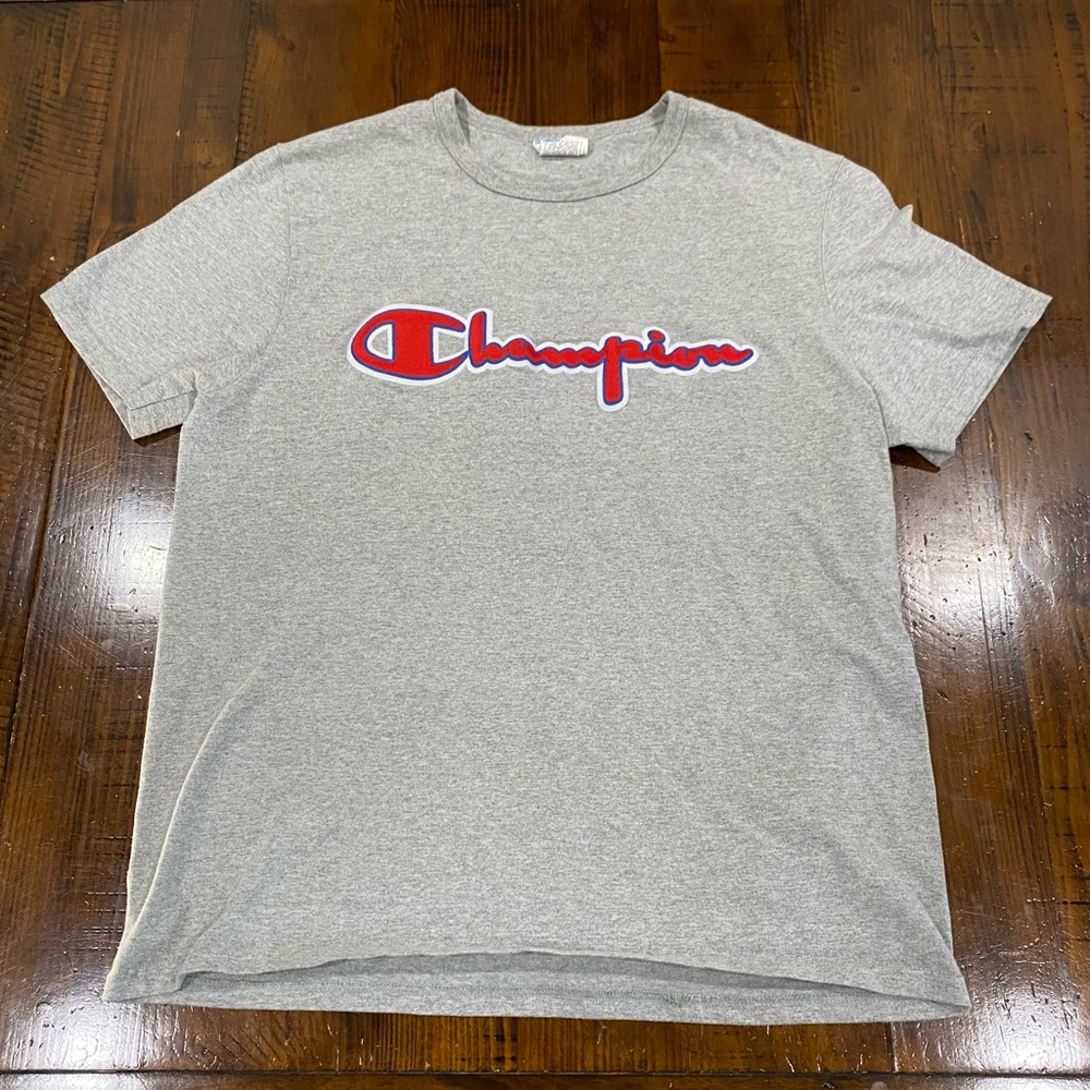 Champion Men’s Shirt Size Large Gray Color With Red Patch Logo 90% Cotton